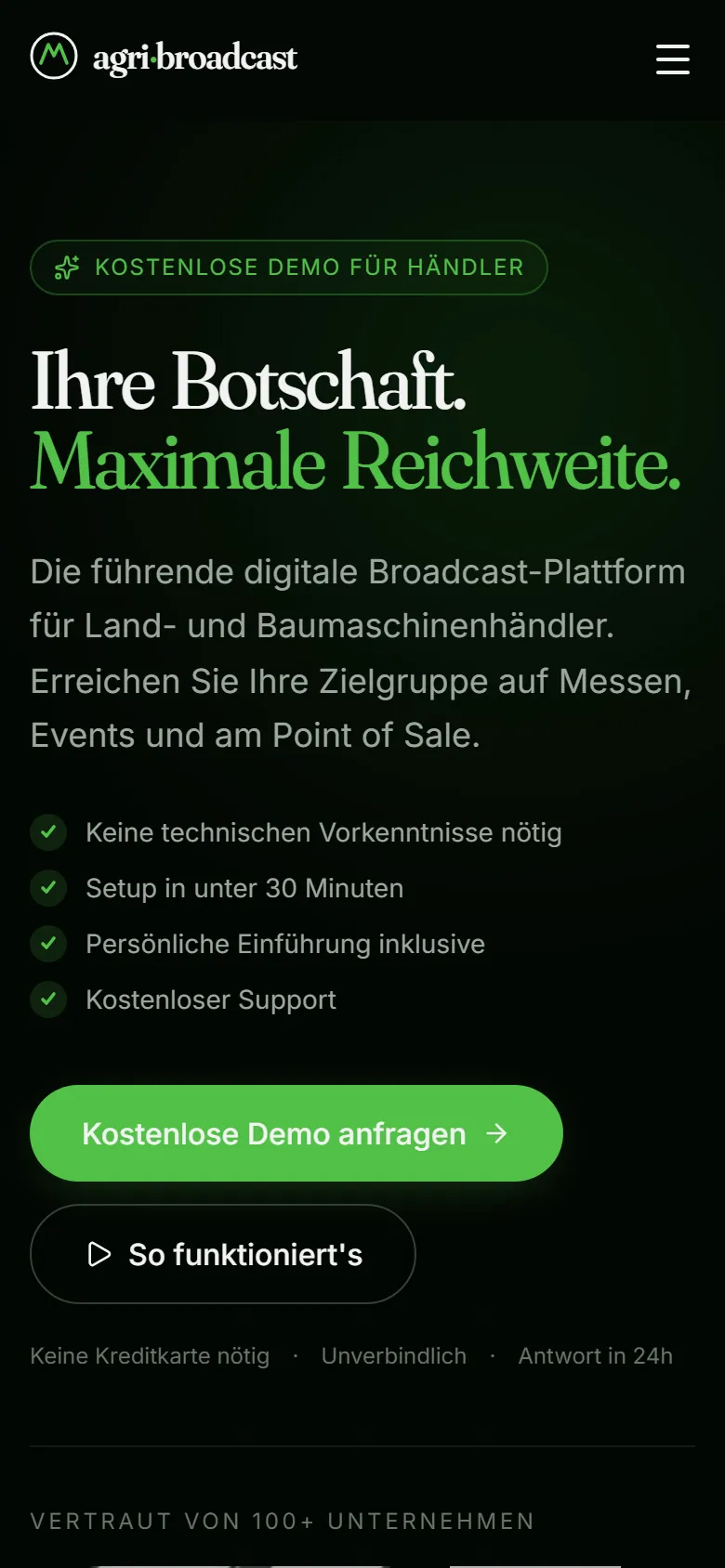Startseite von agri-broadcast mit Bildschirm im Verkaufsraum, mobile Ansicht