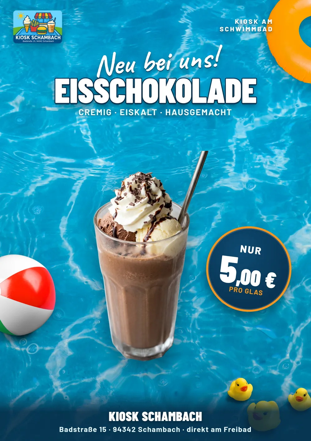 A4-Flyer Eisschokolade für den Kiosk am Schwimmbad Schambach